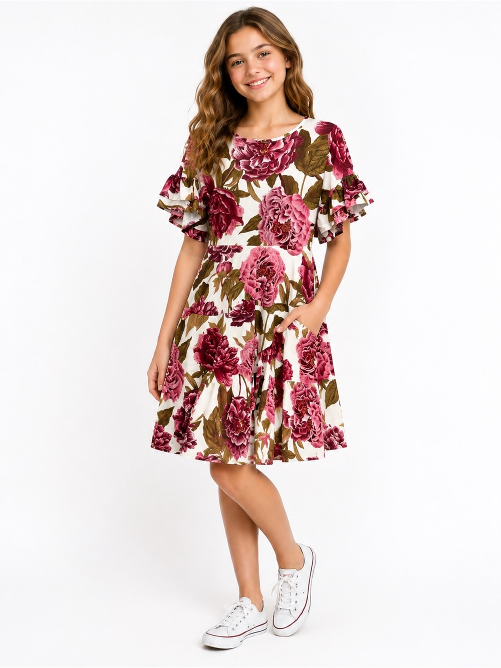 Mia Joy Girls Floral Ruffle Sleeve Dress - Pink
